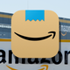 Amazon’s now rolled-back iOS app logo introduced in January 2021; background is a photo of an Amazon warehouse in Bretigny-sur-Orge on May 19, 2020.